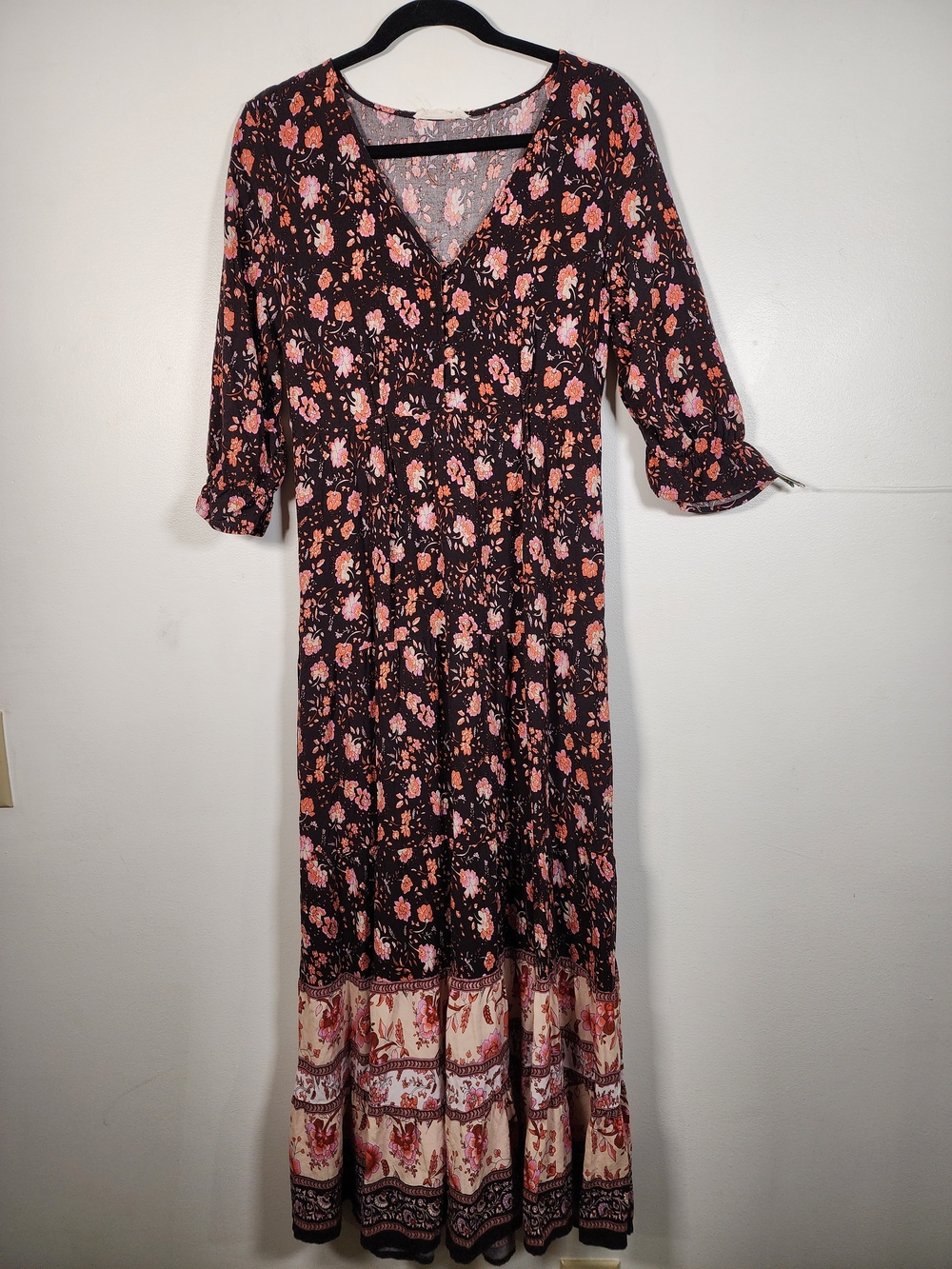 NATURAL LIFE Boho Maxi Dress Tiered Floral Print and Cream Border Size Large - Picture 2 of 6